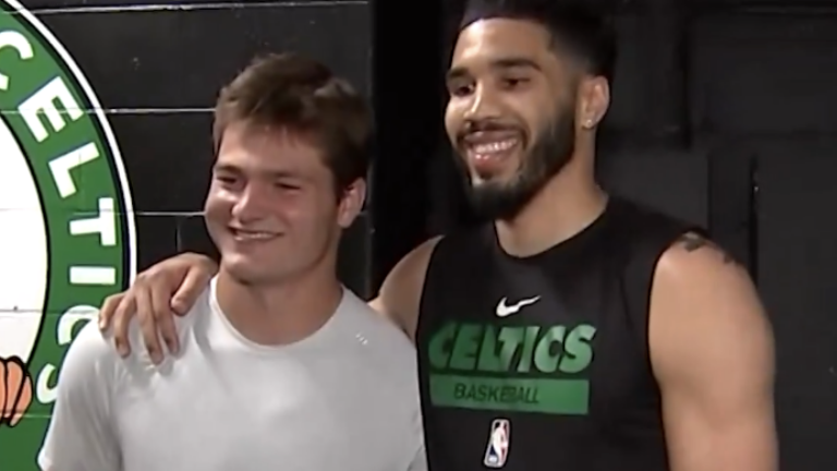 Drake Maye meets Jayson Tatum, sits courtside at Celtics-Pacers